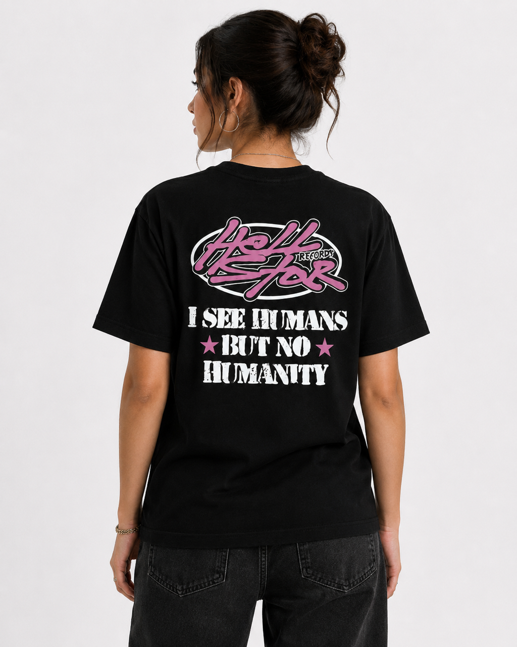 Hellstar I See Humans But No Humanity Tee Black Pink Corte Unisex
